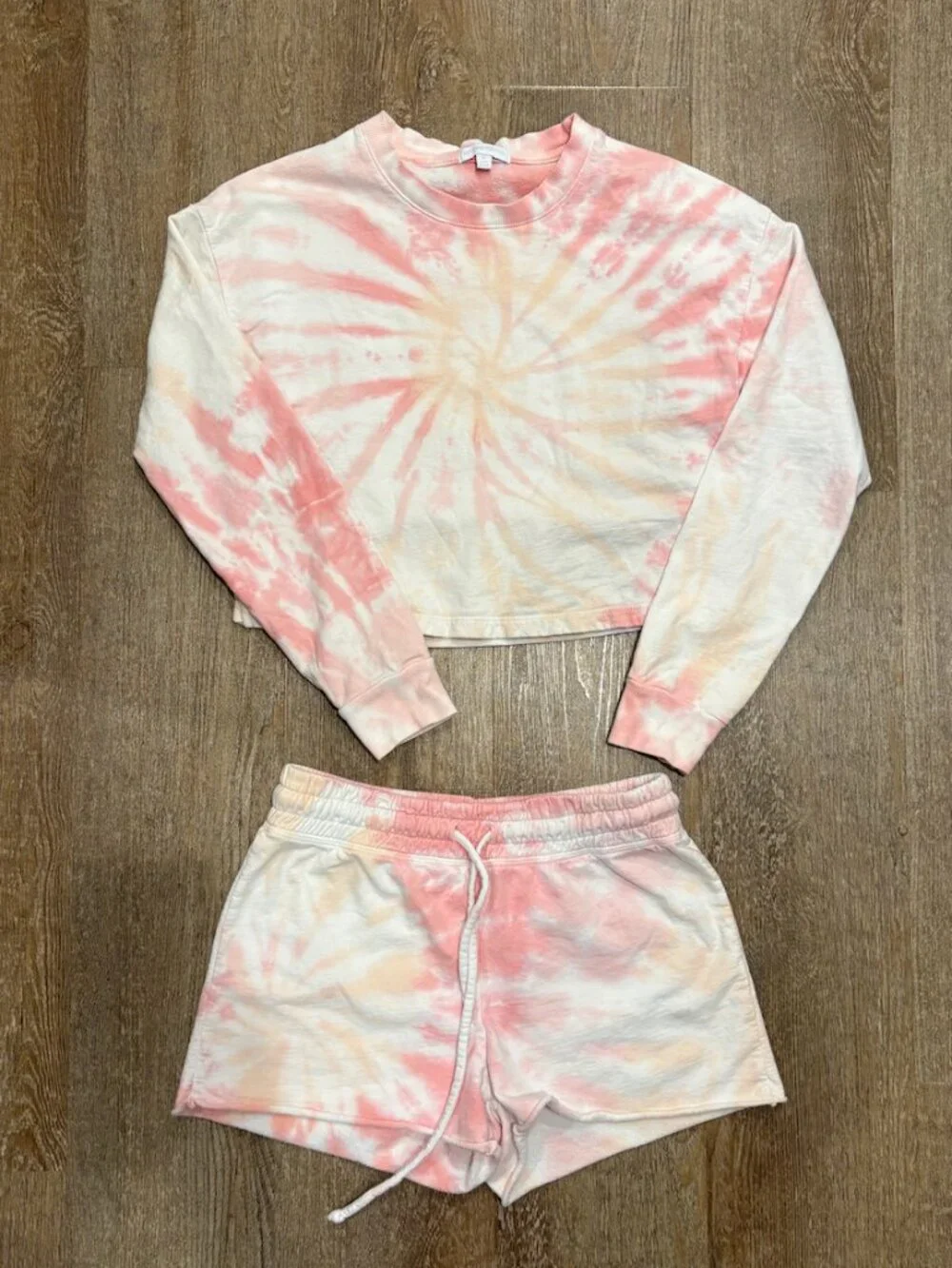 Pink Tie-Dye Fleece Long Sleeve Crop Top & Shorts Set - Co-Ord Loungewear Outfit